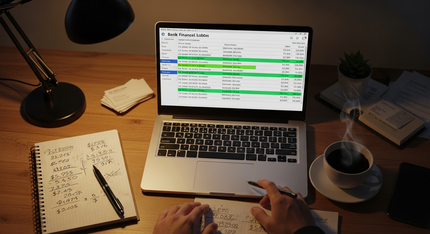 Overhead view of a small-business owner's desk in evening light: laptop showing a bank ledger with multiple daily debits highlighted, a coffee cup, handwritten arithmetic on a notepad.