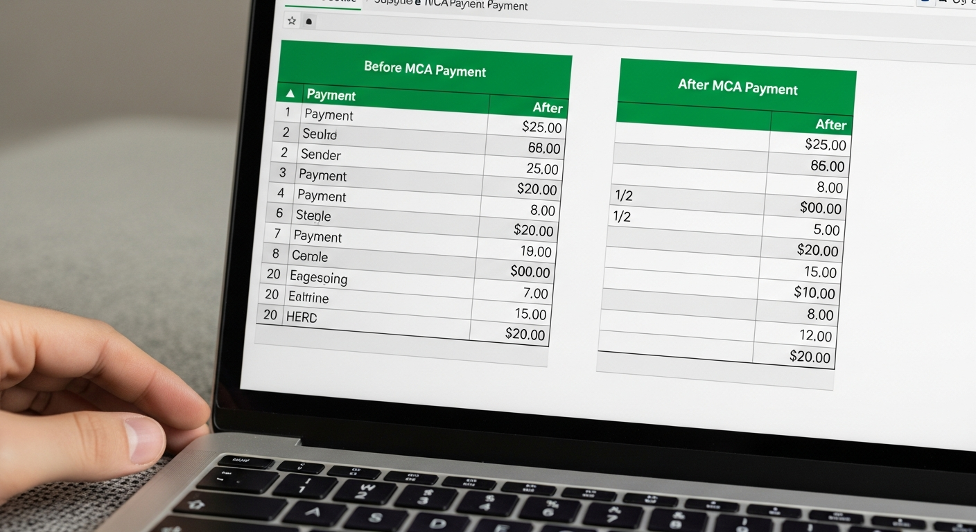 A close-up of a green-and-white spreadsheet on a laptop screen showing a before-and-after column of MCA payments dropping by half, with a hand resting beside the laptop.