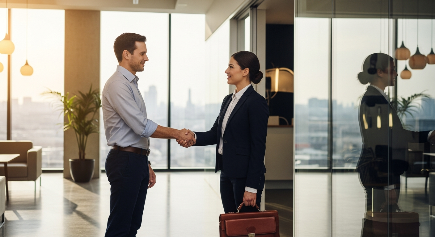 Two professionals — one business casual, one formal with a briefcase — mid-handshake in a modern office lobby with glass walls.
