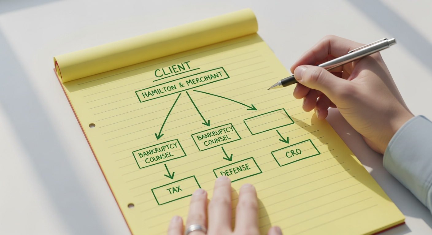 A flat-lay of a legal pad with a hand-drawn organizational chart in green ink, showing 'Client' at top connected by arrows to 'Hamilton & Merchant', 'Bankruptcy Counsel', 'Tax Defense', and 'CRO'.