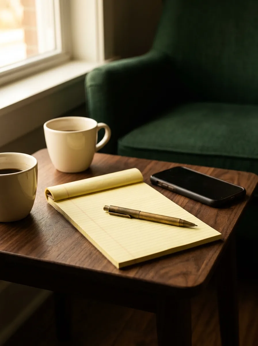Two coffee cups and a legal pad on a walnut table, the setting for a first conversation