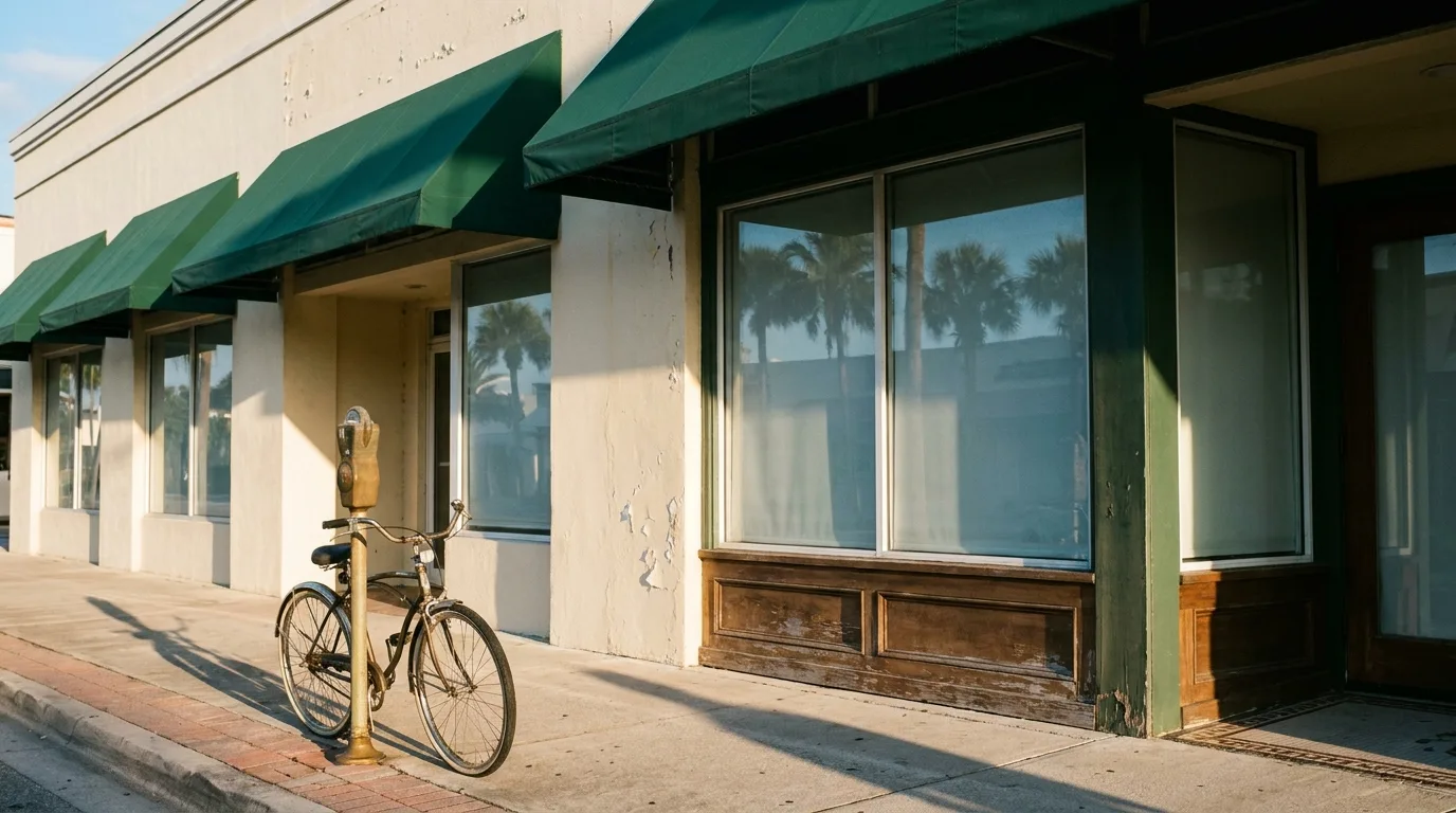 A quiet Florida main street of independent storefronts at early morning