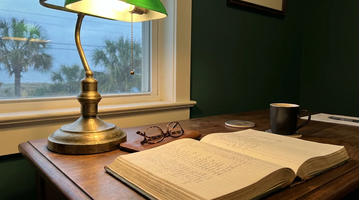 A banker's lamp, reading glasses, and an open ledger on a desk with palms outside the window