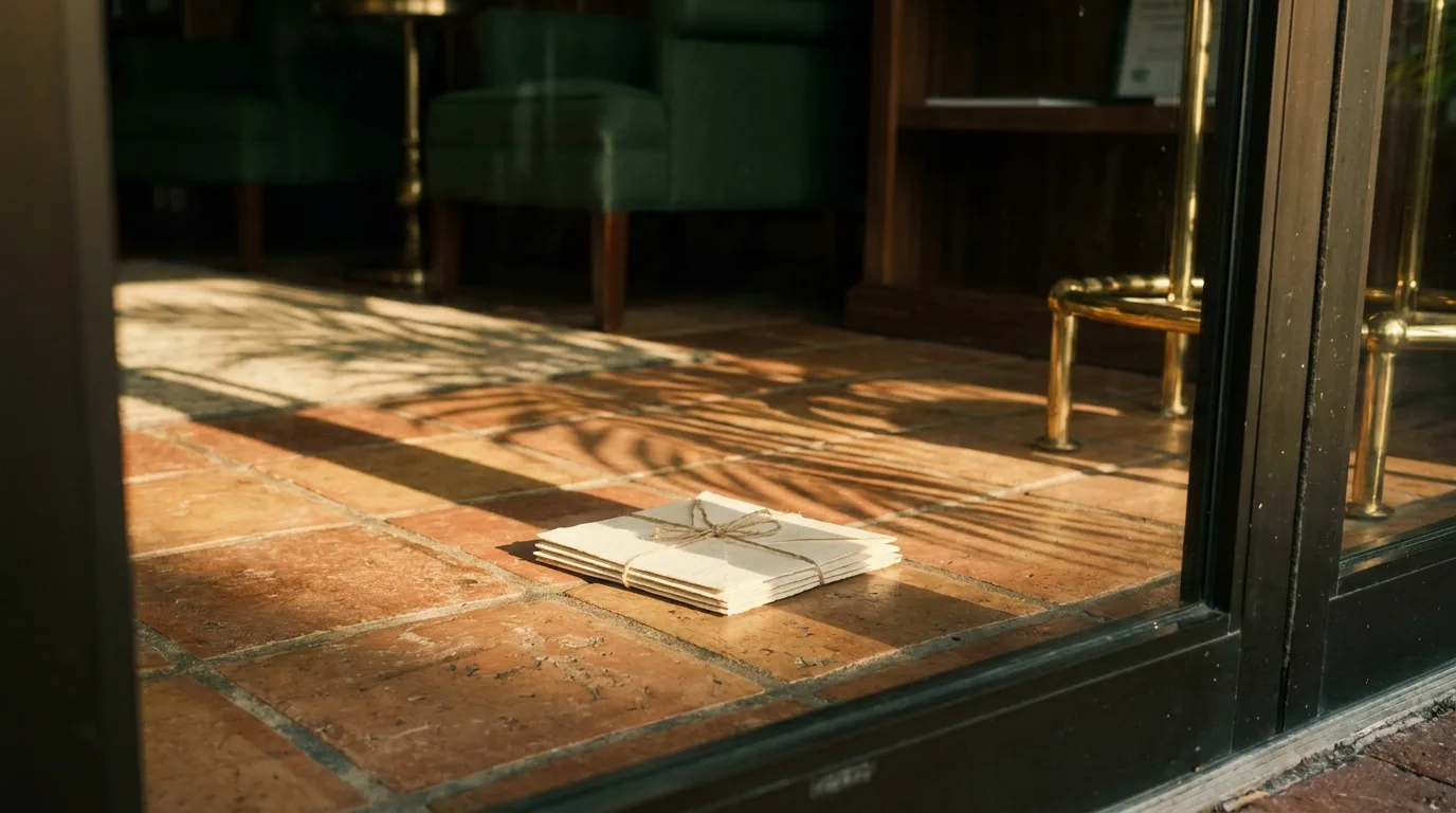 Unopened envelopes on the tile floor inside a shop's glass door at dawn