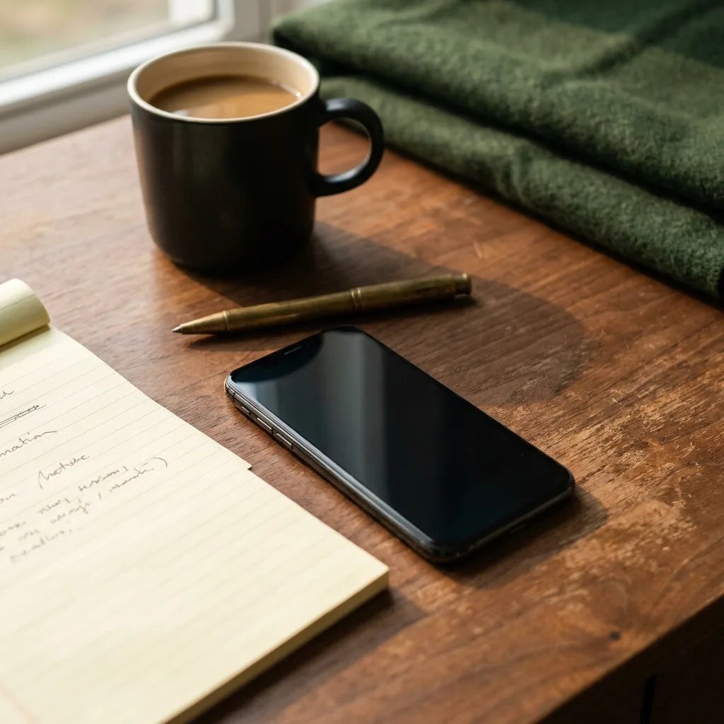 A phone face up on a legal pad beside a cup of coffee
