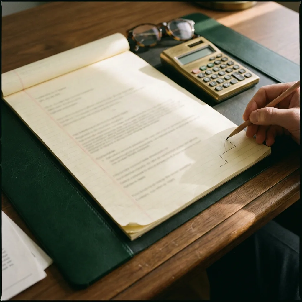 A hand drawing a bracket in pencil on a legal pad beside a calculator