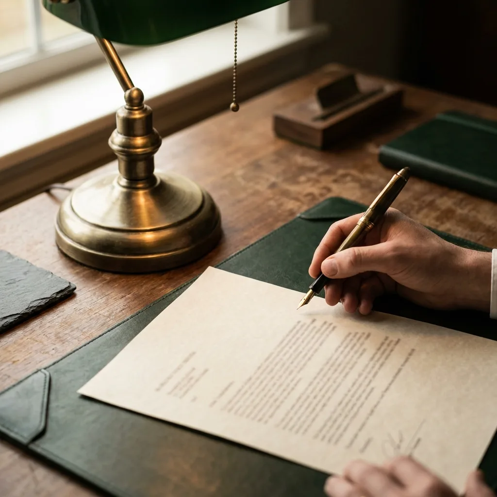 A single-page agreement being signed with a fountain pen