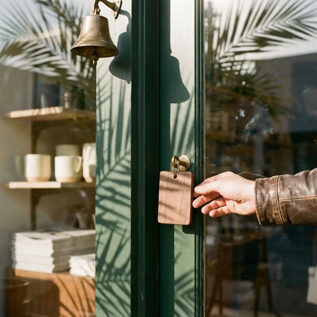 A hand turning a wooden tag on a shop's glass door in morning light