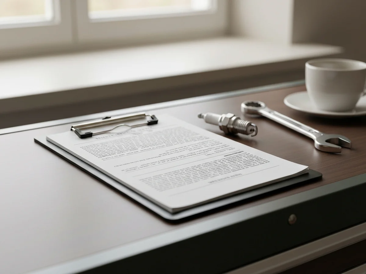A clipboard with a printed repair order resting on a clean toolbox top, beside a wrench, a spark plug, and a coffee mug.