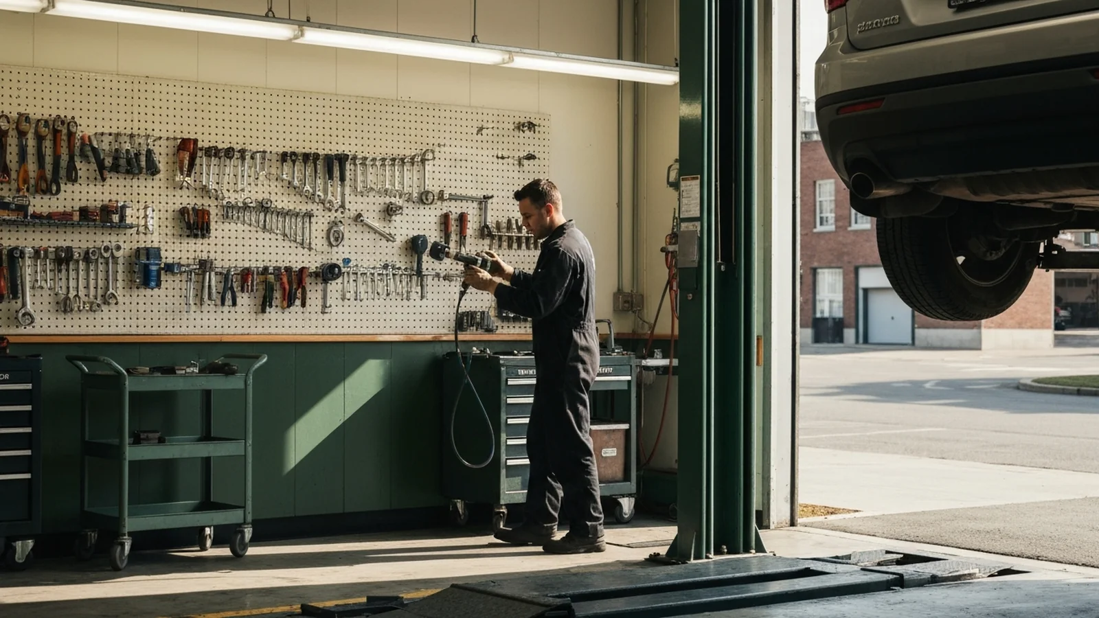 Inside an independent auto-repair shop bay, a vehicle on a two-post lift with a mechanic working underneath.