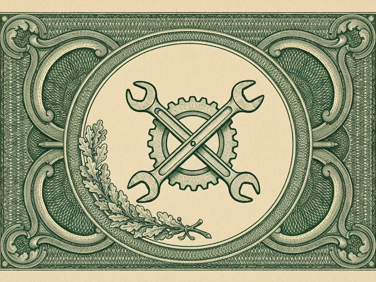 A green steel-engraved banknote-style vignette of a classical cog wheel crossed with an open-end wrench, surrounded by a wreath of laurel leaves.