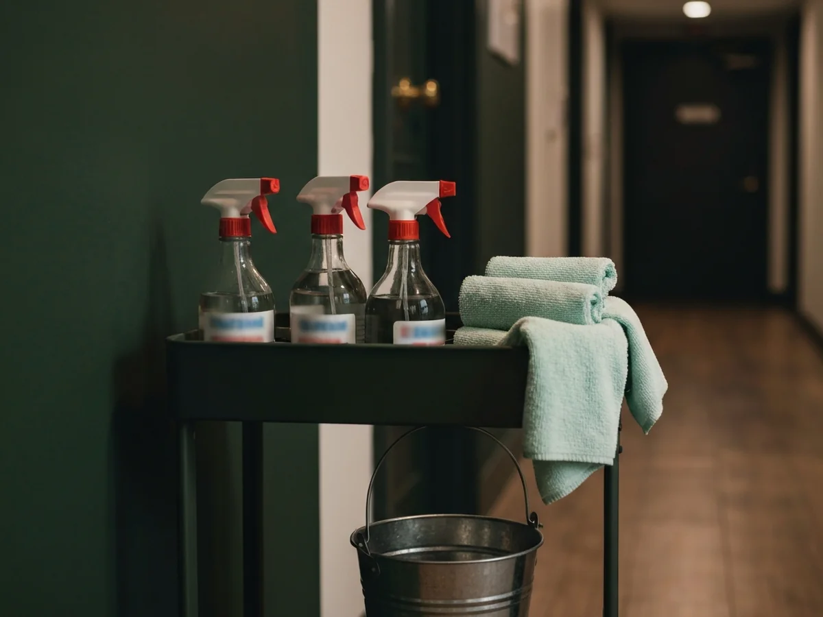 A janitorial cart in a quiet hallway with labelled spray bottles in their holders, folded microfiber cloths, and a small bucket.