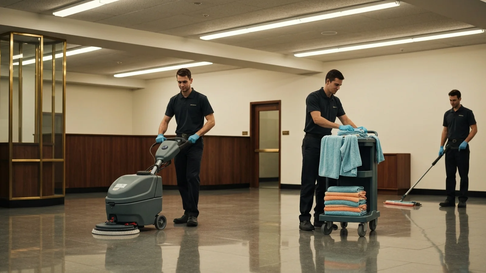 A commercial cleaning crew in plain dark uniforms at the end of a shift in an empty office building lobby.