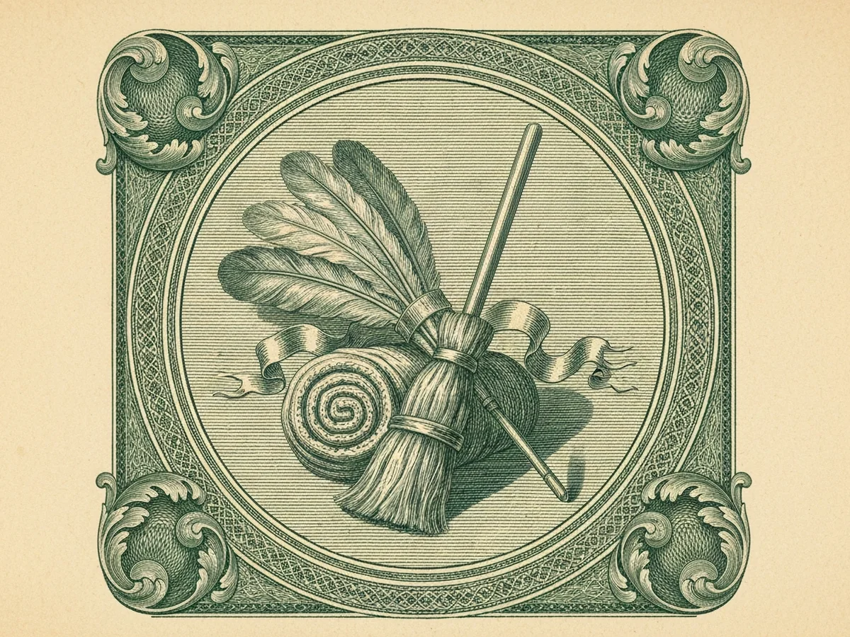A green steel-engraved banknote-style vignette of a feather-duster, a coiled cloth, and a polished broom bound with an engraved ribbon.