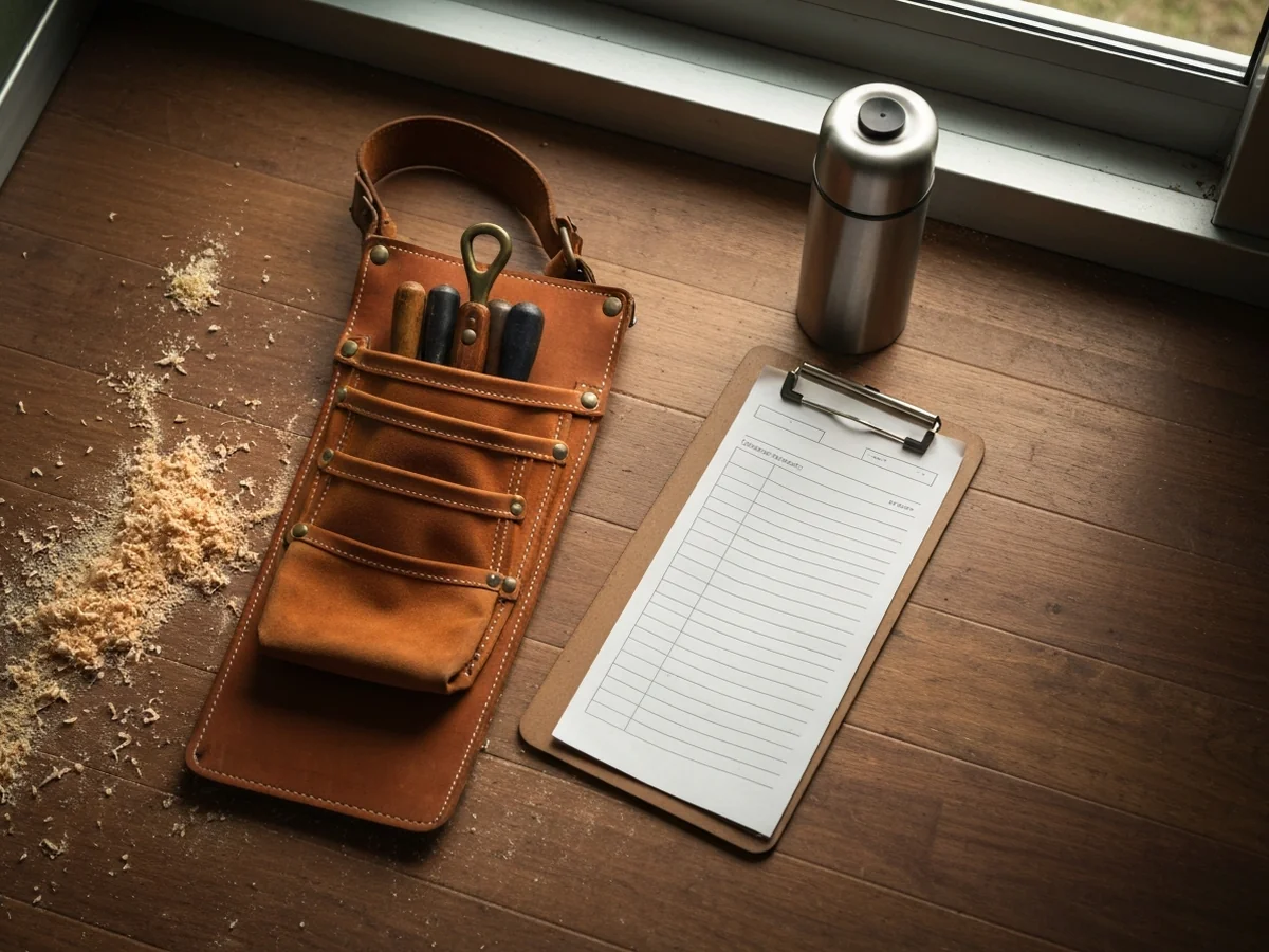 A leather tool belt on the floor of a job-site trailer beside a worn clipboard with abstract schedule columns and a metal coffee thermos.