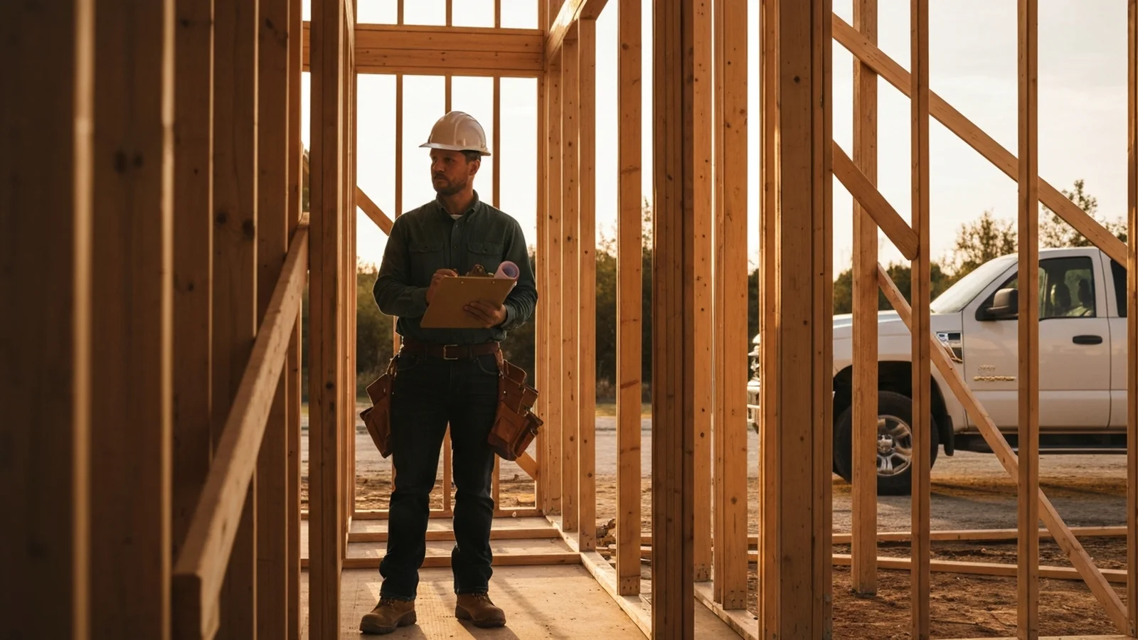 A general contractor in a hard hat and work boots stands on a partially framed residential construction site at golden hour with a clipboard and rolled blueprints.