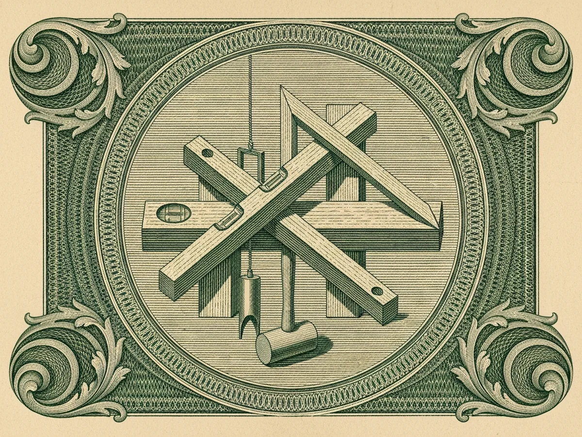 A green steel-engraved banknote-style vignette of classical builder's tools — a level, plumb bob, carpenter's square, and small mallet — overlaid on engraved beams.