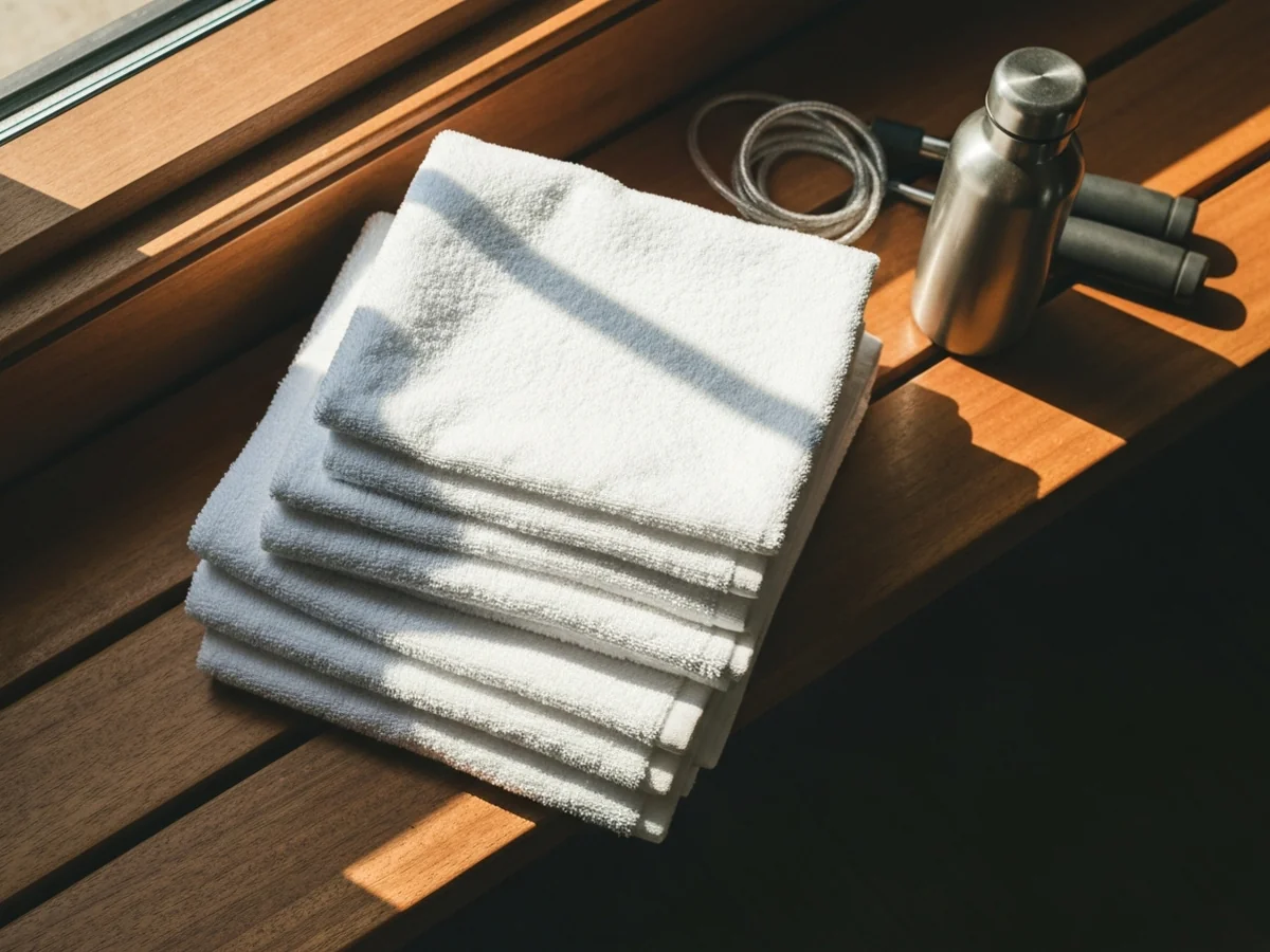 A stack of clean folded white towels on a wooden bench beside professional jump ropes and a stainless-steel water bottle.