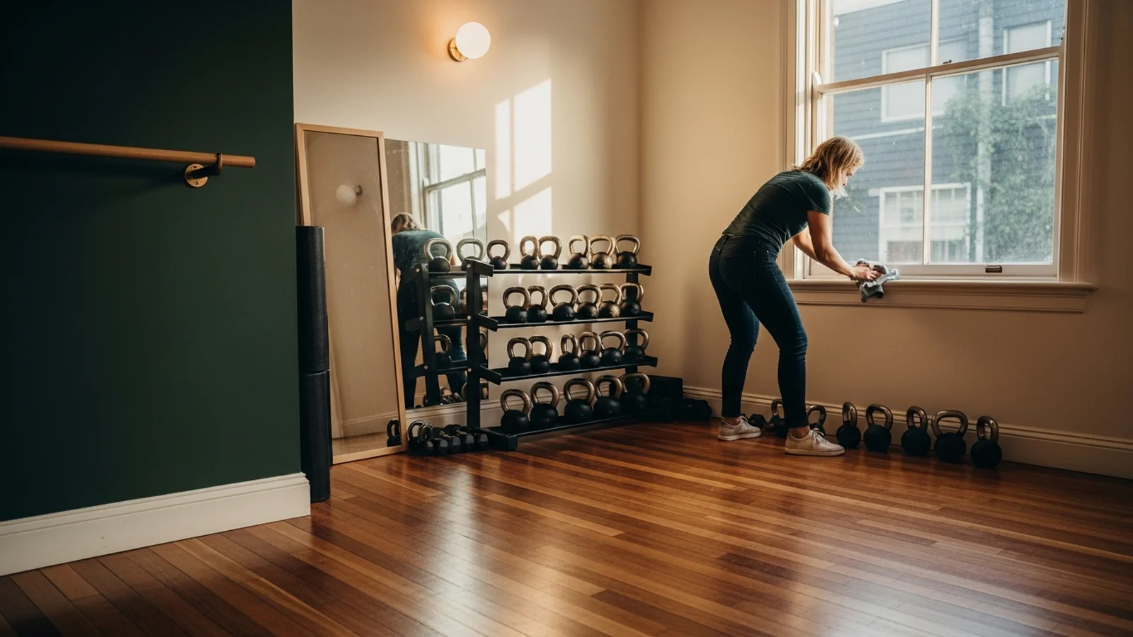 Inside an empty independent boutique fitness studio at the end of the day, polished hardwood floor and racked equipment, the owner wiping down a piece of gear.