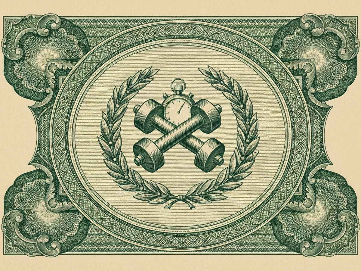 A green steel-engraved banknote-style vignette of crossed dumbbells, a stopwatch, and a wreath of laurel leaves.