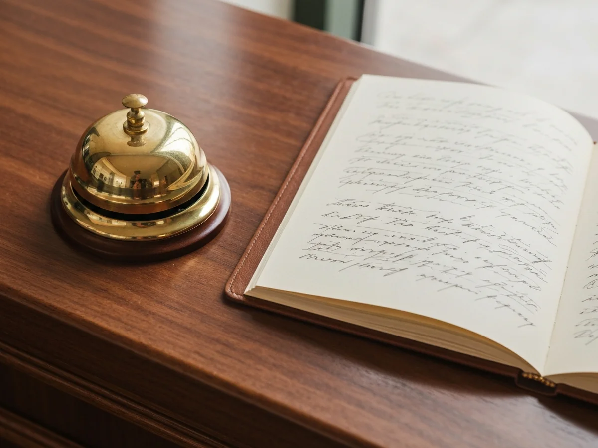 A brass hotel-reception bell on a polished wooden counter beside a leather-bound guest book opened to a page with abstract handwriting.
