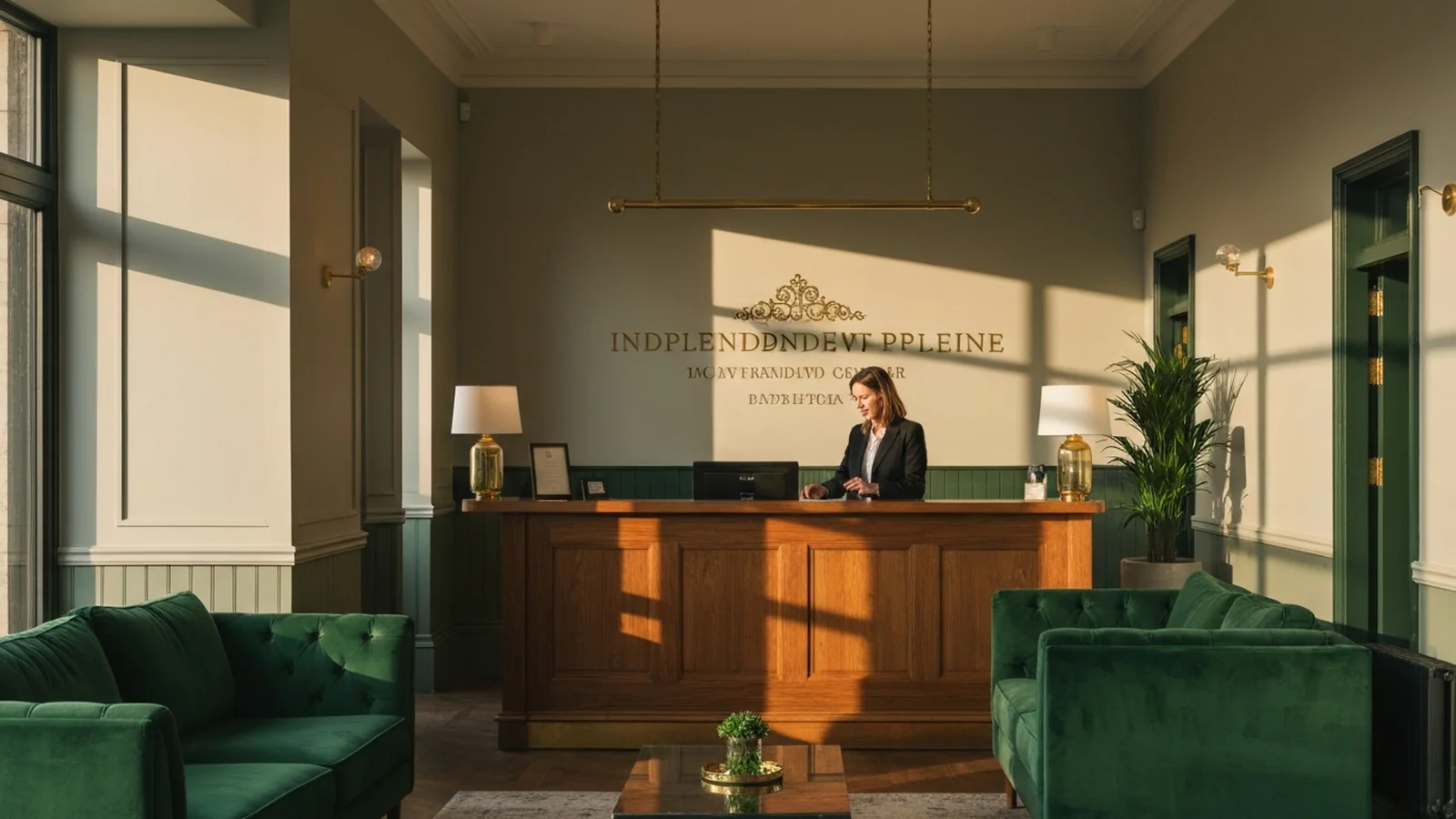 The lobby of a small independent boutique hotel at golden hour with a warm wood reception desk and a single guest checking in.