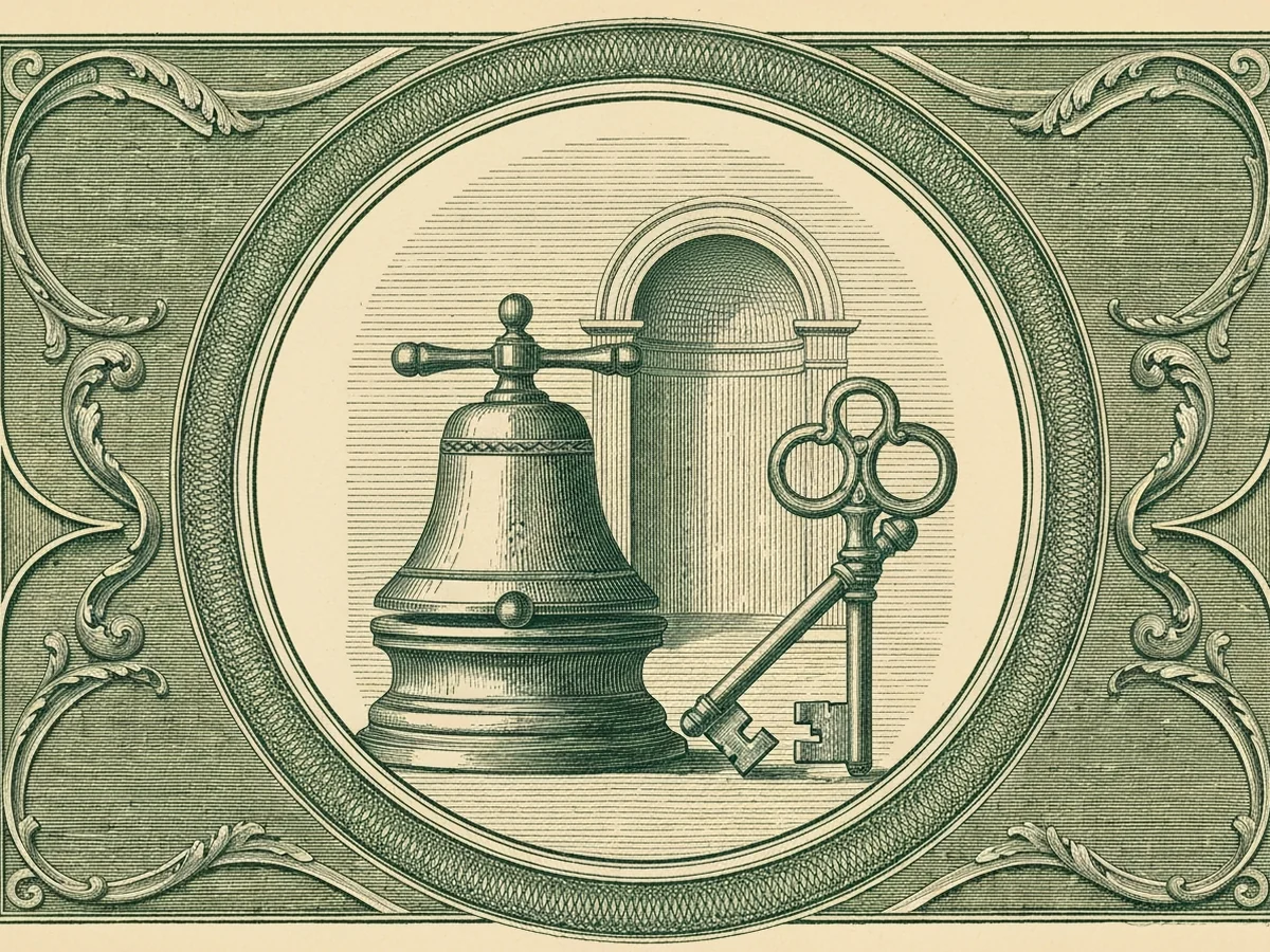 A green steel-engraved banknote-style vignette of a classical hotel bell on a pedestal beside an ornamental key and a stylized arched portico.