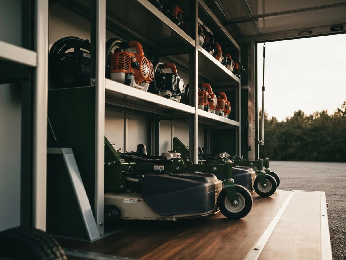 A row of well-maintained landscaping equipment in a clean trailer — commercial mower deck, edge trimmers, blowers lined up in racks.