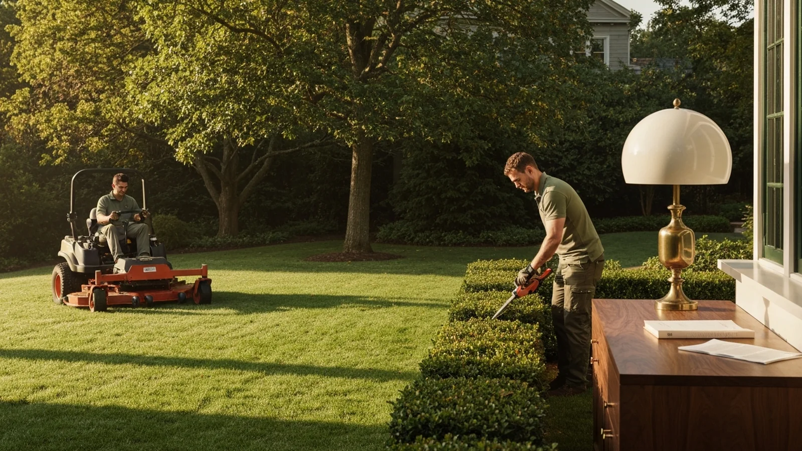 A small landscaping crew working on a high-end residential property in early morning, one operator on a zero-turn mower in the background.