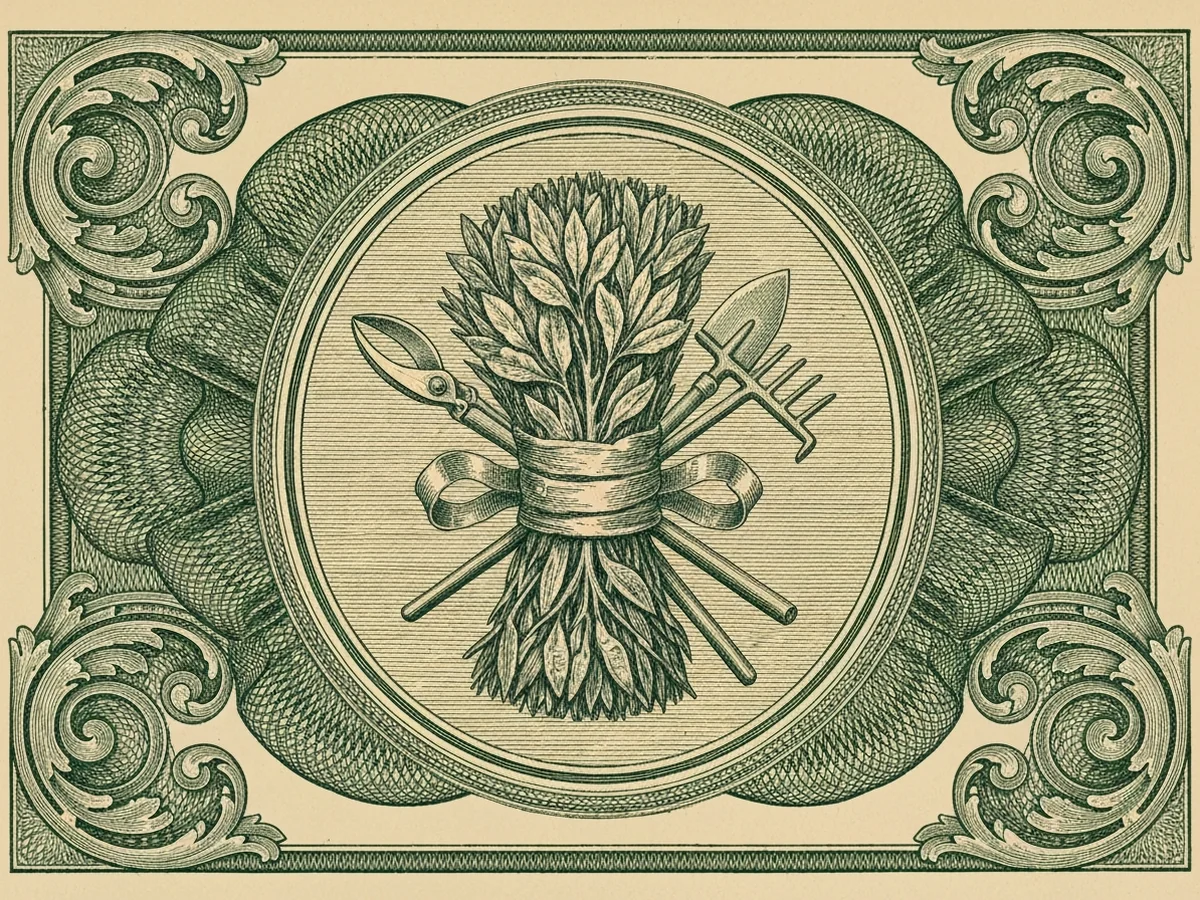 A green steel-engraved banknote-style vignette of a classical sheaf of leafy branches with pruning shears, a small spade, and a rake bound by an engraved ribbon.