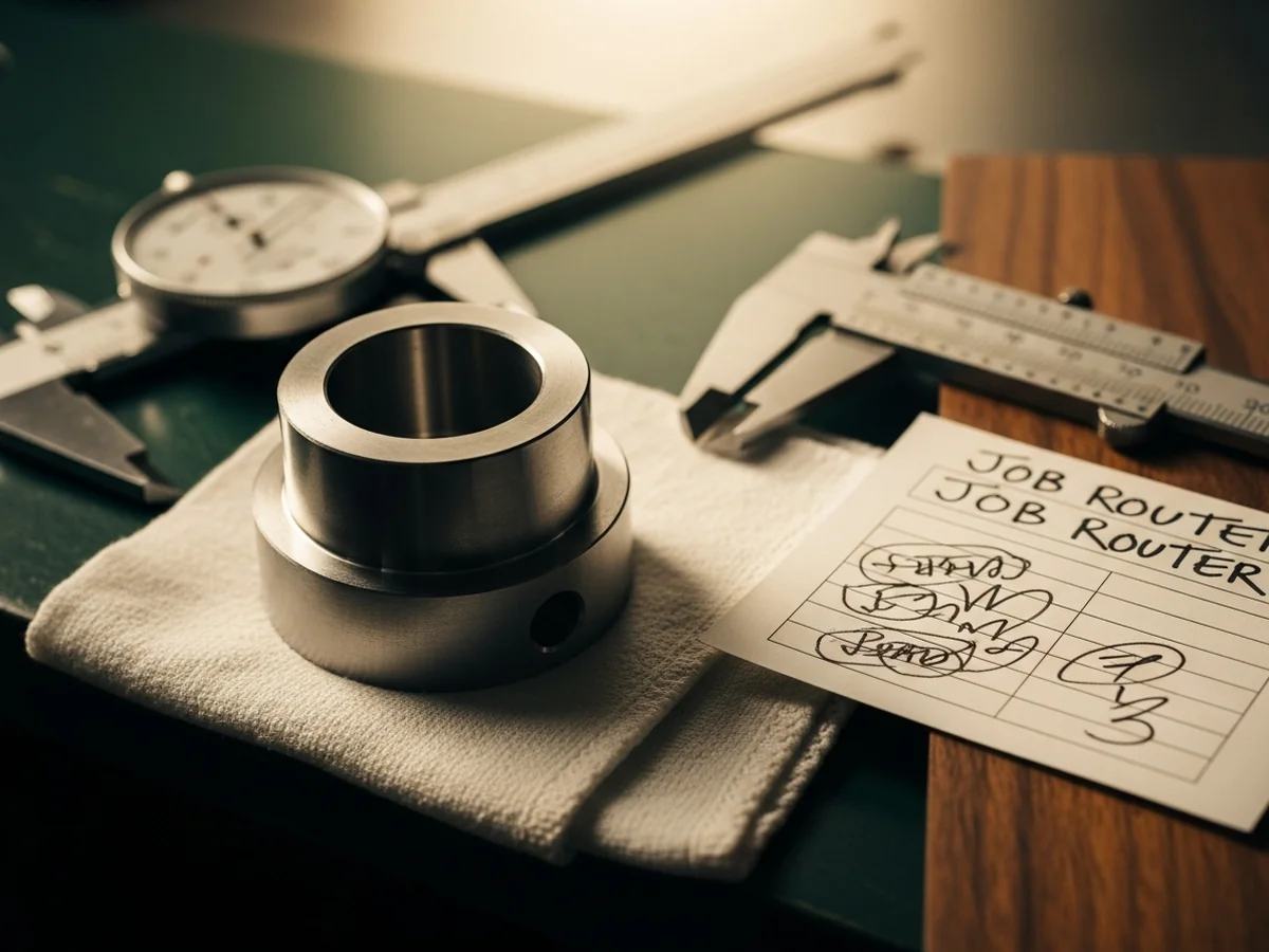 A precision-machined steel part on a clean shop rag beside dial calipers and a hand-drawn job-router card.