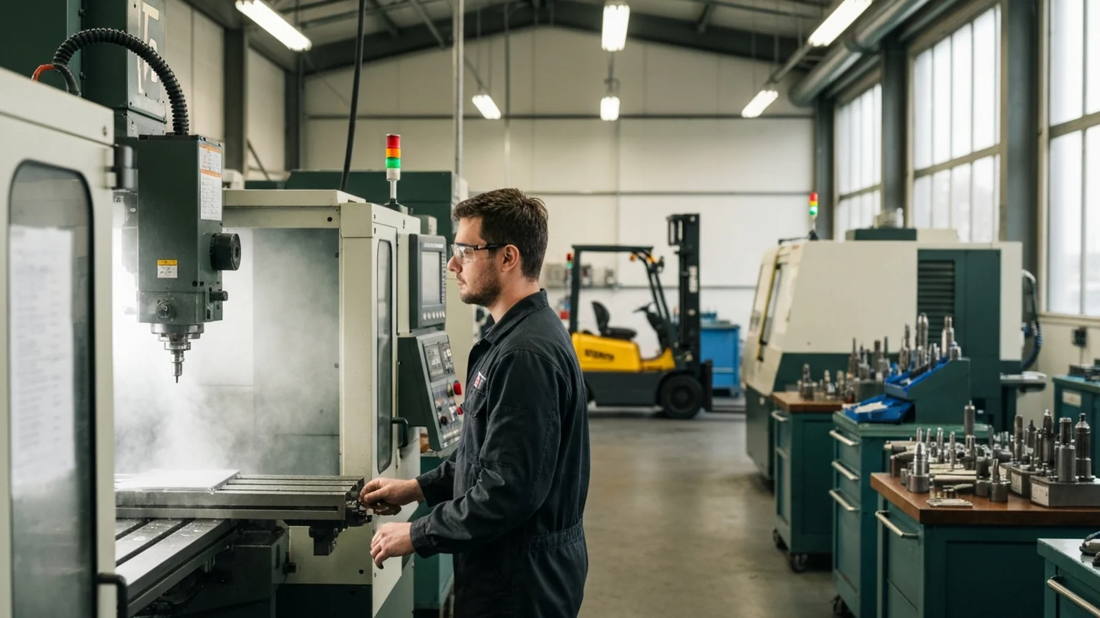 Inside a small precision-machining shop, a CNC machinist in safety glasses standing at a milling machine on a clean shop floor.