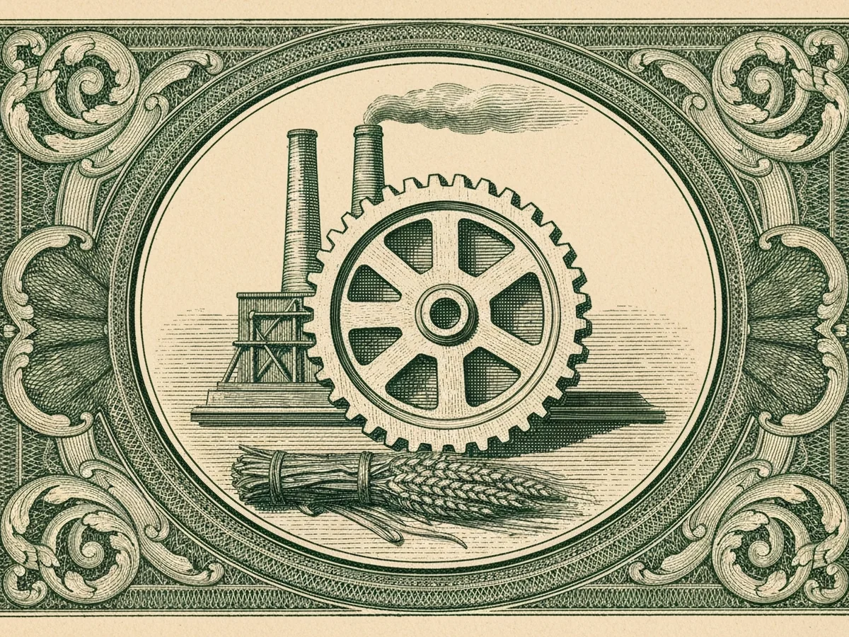 A green steel-engraved banknote-style vignette of an engraved cog wheel intermeshed with a finely detailed gear, framed by a stylized factory smokestack and a sheaf of grain.