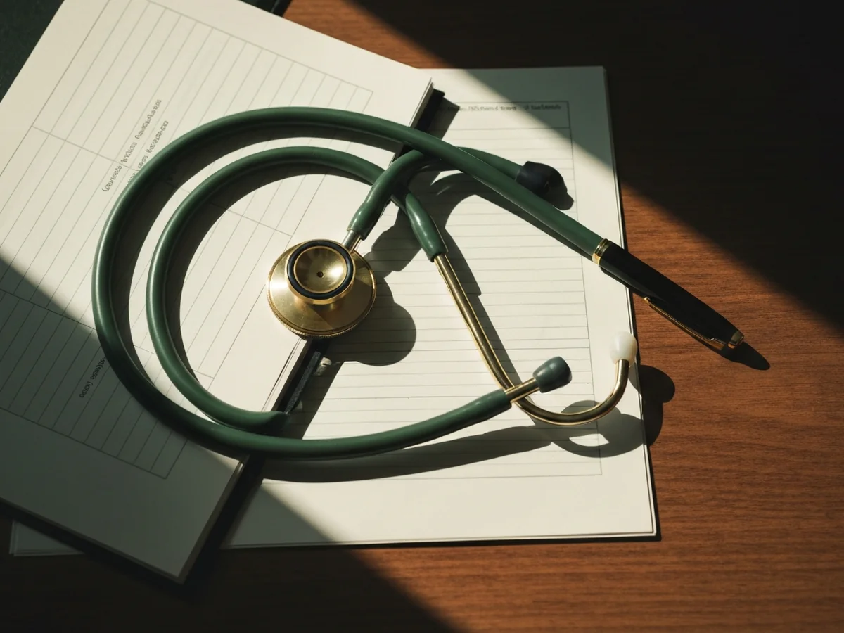 A stethoscope coiled on a wooden desk beside a closed clinical chart and a fountain pen, warm directional window light.