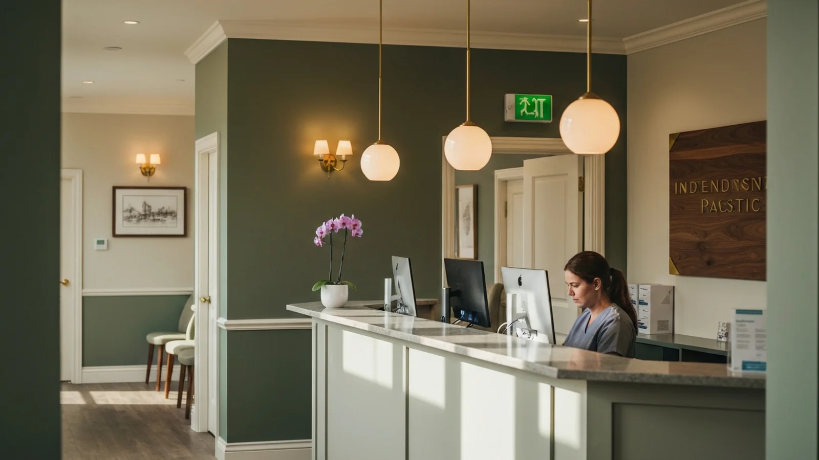 The reception area of an independent medical or dental practice in late morning, calm and considered.