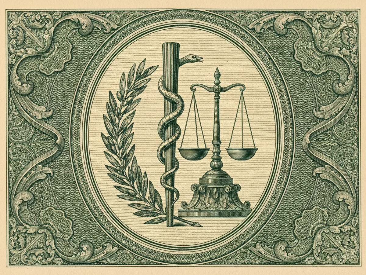 A green steel-engraved banknote-style vignette of a classical Aesculapian rod alongside an ornate balance, surrounded by a wreath of olive leaves.