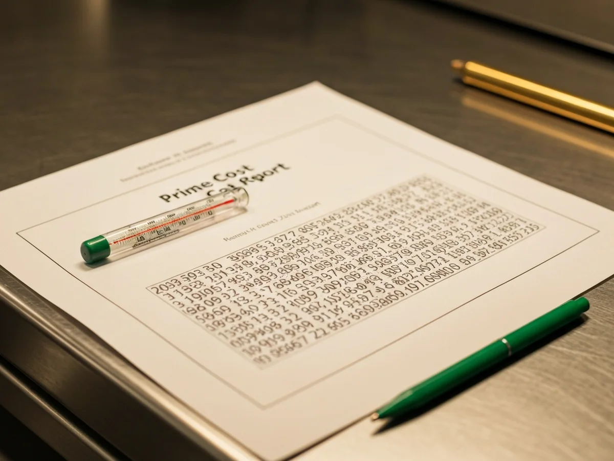 A printed restaurant prime-cost report on a stainless steel kitchen counter with a green felt-tip pen and a thermometer beside it.