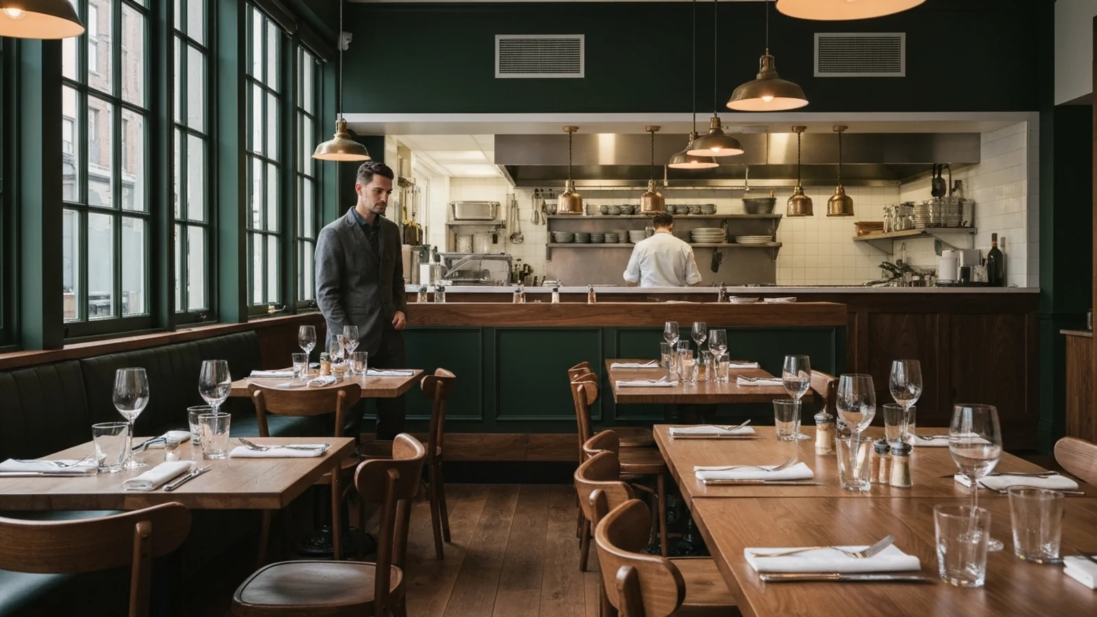 An empty independent restaurant in late afternoon, just before service, wooden tables set with cloth napkins and a chef in whites prepping in the open kitchen behind.