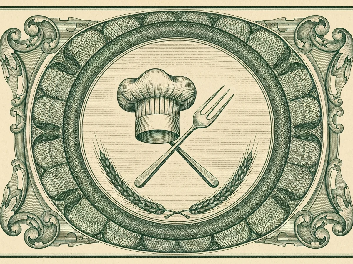 A green steel-engraved banknote-style vignette of a classical chef's toque alongside crossed serving forks, with a wreath of wheat stalks below.