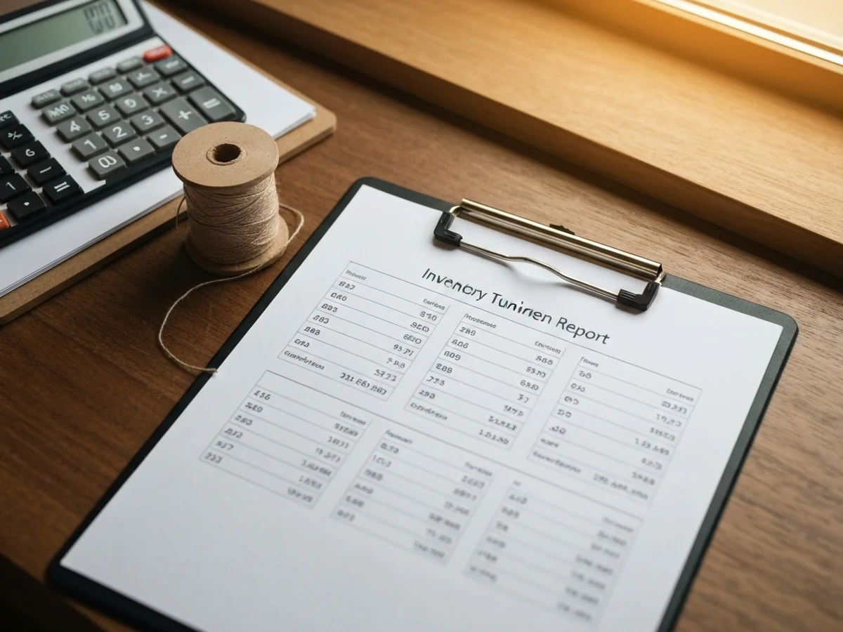 A printed inventory turnover report on a wooden counter beside a small spool of paper twine and a clipboard with a calculator on top.
