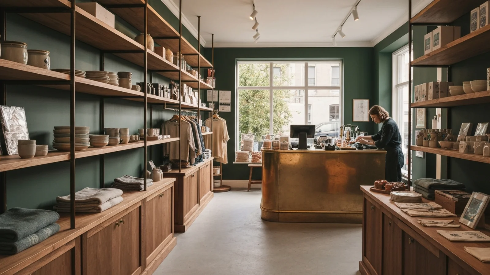 Inside a small independent boutique retailer in late afternoon with wood shelving, a brass cash-wrap counter, and a single shopkeeper restocking.