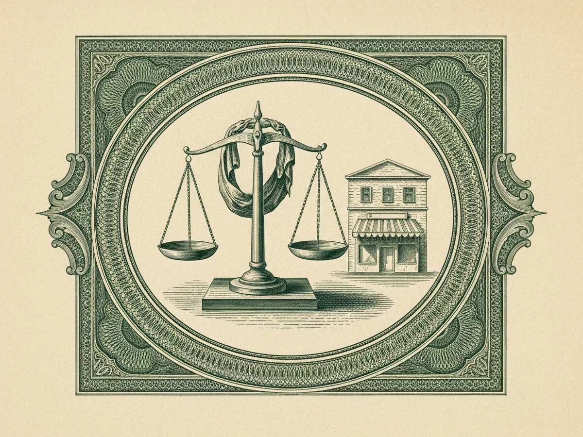 A green steel-engraved banknote-style vignette of a classical shopkeeper's balance scale with a draped ornamental ribbon and an engraved store-front facade beside it.