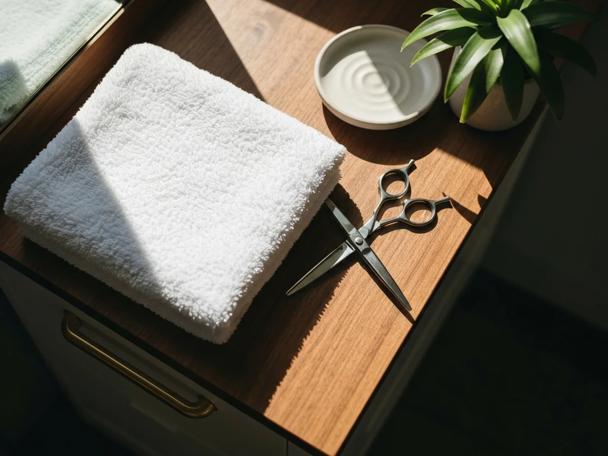 A wooden styling-station counter with a folded white towel, professional shears, a ceramic dish, and a small green plant.