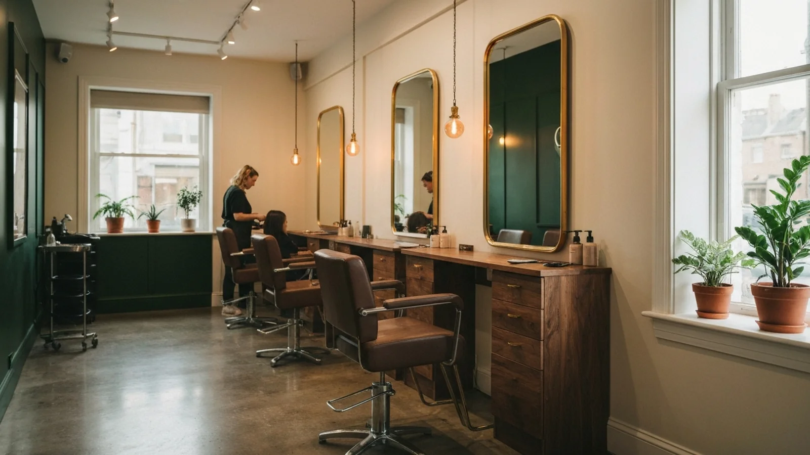 Inside an independent boutique hair salon in late afternoon, a single stylist mid-task at a brass-trimmed mirror station.