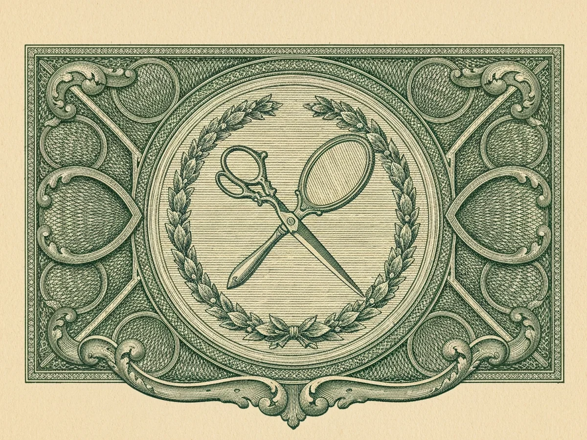 A green steel-engraved banknote-style vignette of classical scissors crossed with a hand-mirror, surrounded by ornamental floral motifs.