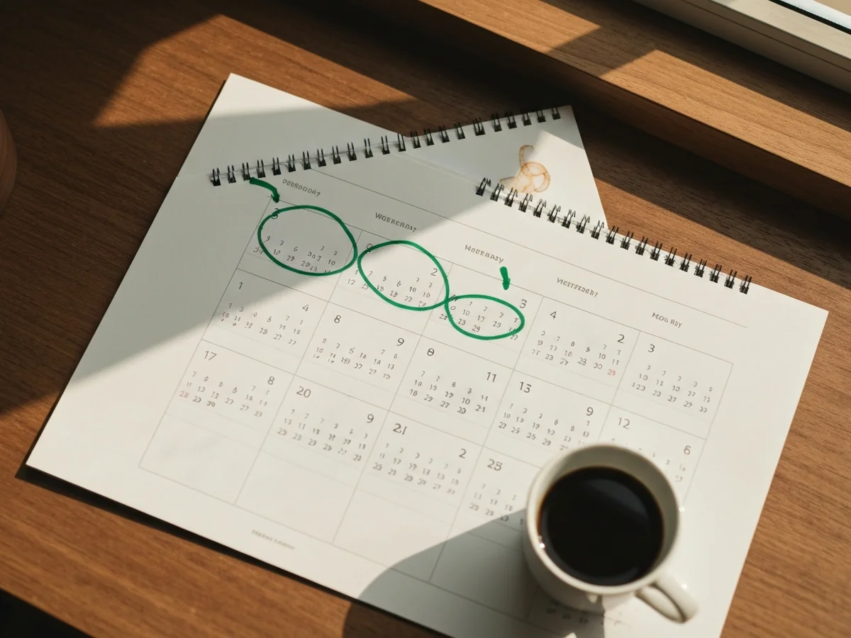 A wall calendar on a wooden desk with specific weeks circled in green felt-tip, a coffee cup leaving a faint ring on the page.