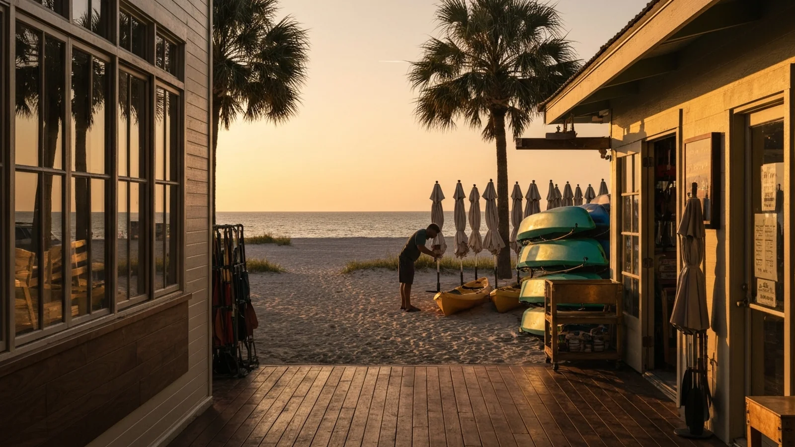 A coastal Florida tourism business at sunset with a quiet beachfront rental shop and the owner closing up at the end of a long day in season.