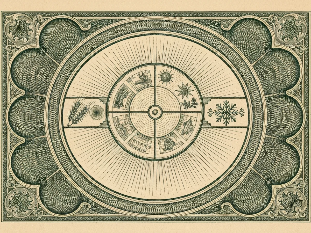 A green steel-engraved banknote-style vignette of a calendar wheel showing the four seasons, with allegorical motifs of a wheat sheaf, a sun, a leaf, and a snowflake.