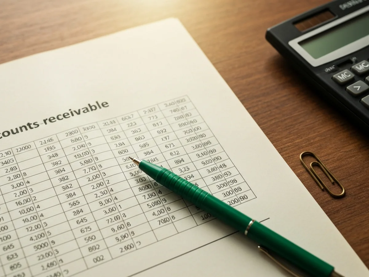 An aging accounts-receivable report on a wooden desk with a green felt-tip pen circling one row, a calculator, and a brass paperclip beside it.