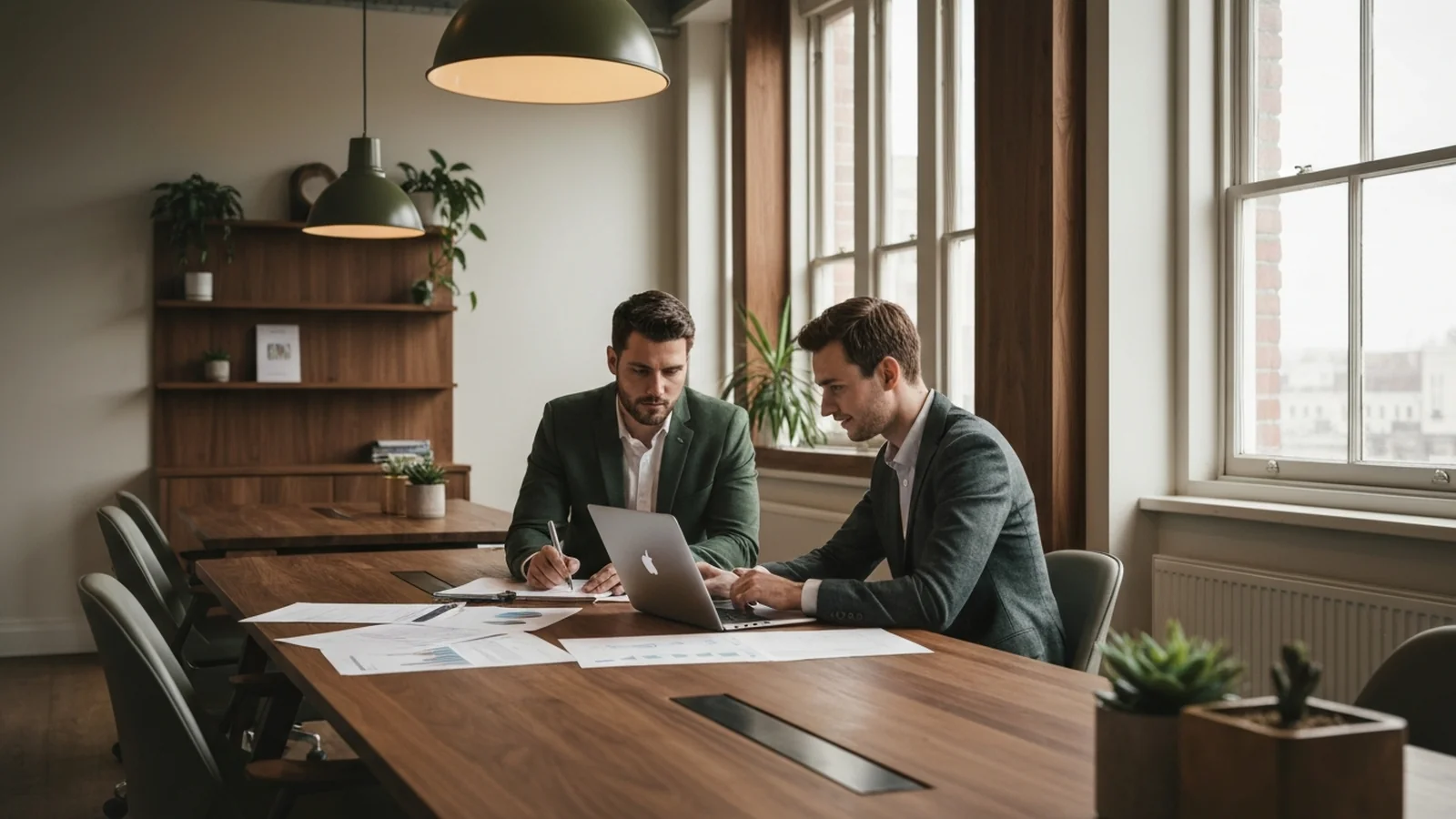A small open-plan service-business office with two people in business-casual dress collaborating over a laptop and printed reports on a long wooden table.